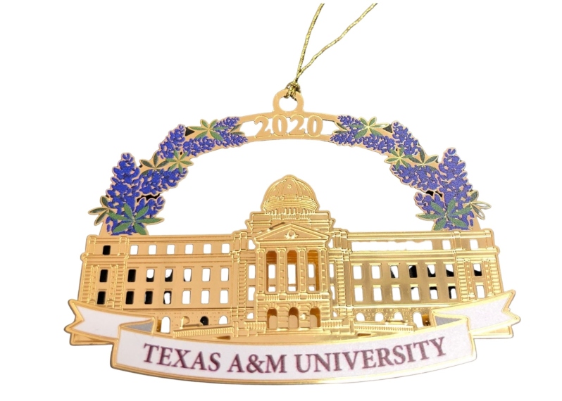 Product Description: This year’s Christmas in Aggieland ornament features one of the most recognizable landmarks of the Texas A&M University Campus.</br></br>Completed in 1914, the Academic Building stands on the site of Old Main, the first campus building, which burned to the ground in 1912. Its most prominent feature is its copper dome, which is green with verdigris, much like the Statue of Liberty. A replica of the Liberty Bell is suspended from inside the dome. In front of the Academic Building is the Academic Plaza, which is the site of a wide range of campus events, most notably Silver Taps. Silver Taps is one of the most sacred and significant traditions at Texas A&M University and is one of the final tributes for any current and graduate or undergraduate student who passed away during the year.</br>Enjoy this year’s Christmas in Aggieland ornament, “The Academic Building”, adorned with Texas bluebells, Merry Christmas and Gig ‘em!</br> 2020 The Academic Building