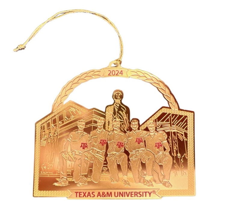 Product Description: Crafted by the talented local Aggie artist, Dr. Dary Dega of Degallery Art Gallery Studio (degallery.us), this year's Christmas in Aggieland ornament showcases a cherished tradition at Texas A&M University: Aggie Yell Leaders.</br></br>All Aggies know it: Aggies don’t cheer, they yell. And the responsibility of hyping up the crowd at every Texas A&M Football game, as well as other events, belongs to Yell Leaders. Yell Leaders are elected by the student body and represent a team of upperclassmen – three seniors and two juniors. Their job is to entertain and energize the crowd by leading fans in yells, accompanied by hand signals. The tradition began during a football game in the early 1900’s when, believe it or not, the Aggies were losing badly and the crowds were getting bored. You can easily spot the white coverall-wearing Aggie Yell Leaders on the sidelines of the playing field in front of the student section, encouraging Aggies to show their spirit. </br></br>It is now our turn to encourage you, as you hang the 2024 Christmas in Aggieland ornament, to let it be a reminder of the rich Aggie traditions and how Aggies support and enrich our community! Wishing you a Merry Christmas and a spirited Gig 'em!</br> 2024 Yell Leaders